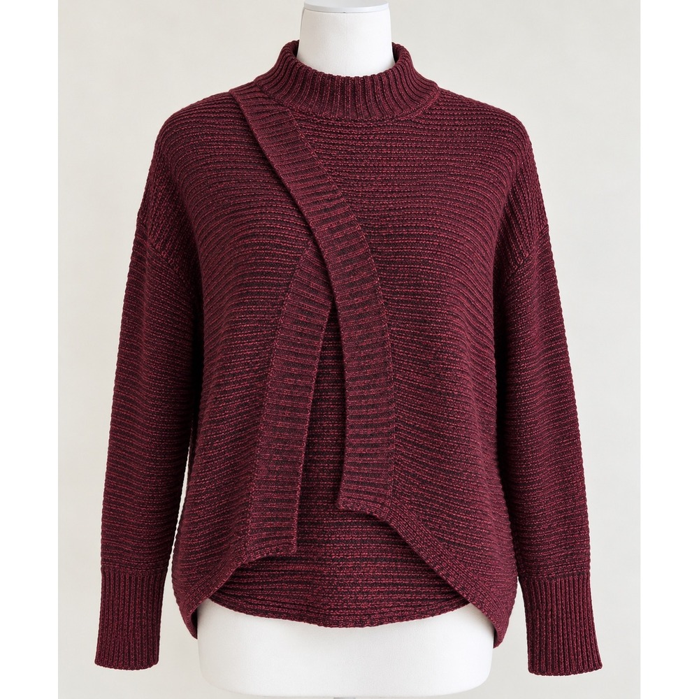 Cotton On Women XL Maroon Marled Crossover Mock Neck High Low Ribbed Sweater